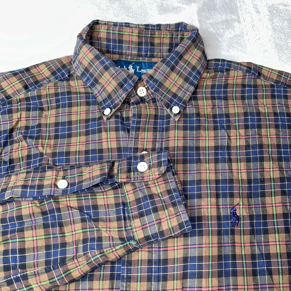Polo Ralph Lauren Shirt Mens Small Brown Plaid Button Down Collar Classic HK
